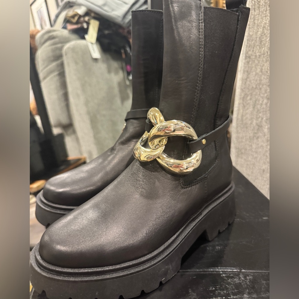 Le Pepite (Produced in Italy) Black Moto Boots with Bold “Removable” Gold Accent - Picture 2 of 8